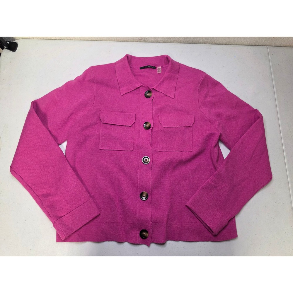T Tahari Womens Magenta Pink Knit Button Front Jacket Collared Size Medium